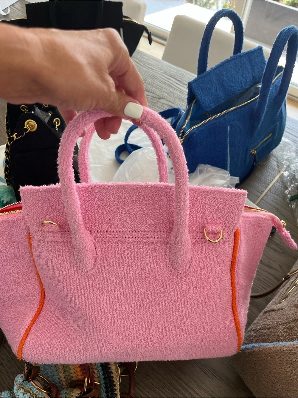 New Celine Pink Terry Tote Bag with Orange Trim -
